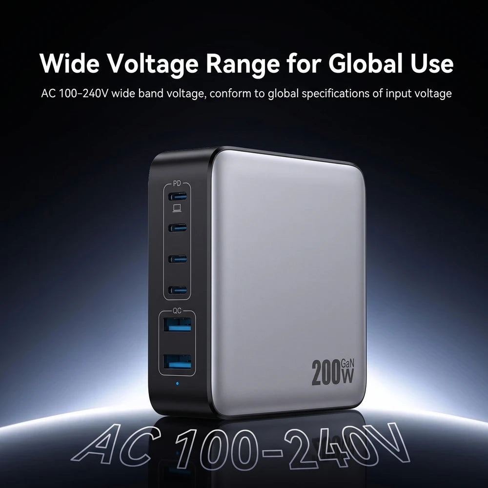 200W USB C Charger With Six Ports Fast PD Charging