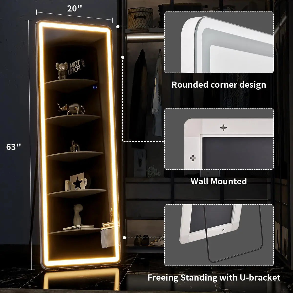 Koonmi Full Length LED Mirror With Dimmable Lights And Stand