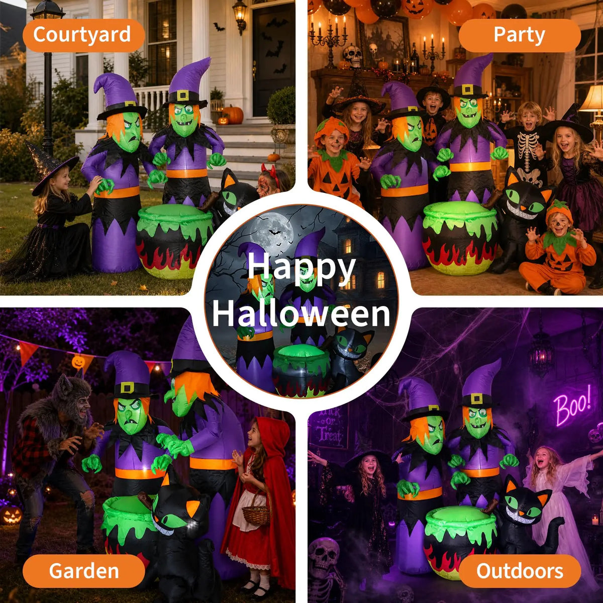 HiMISS Halloween Inflatable Witch Sisters Cauldron With LED Lights