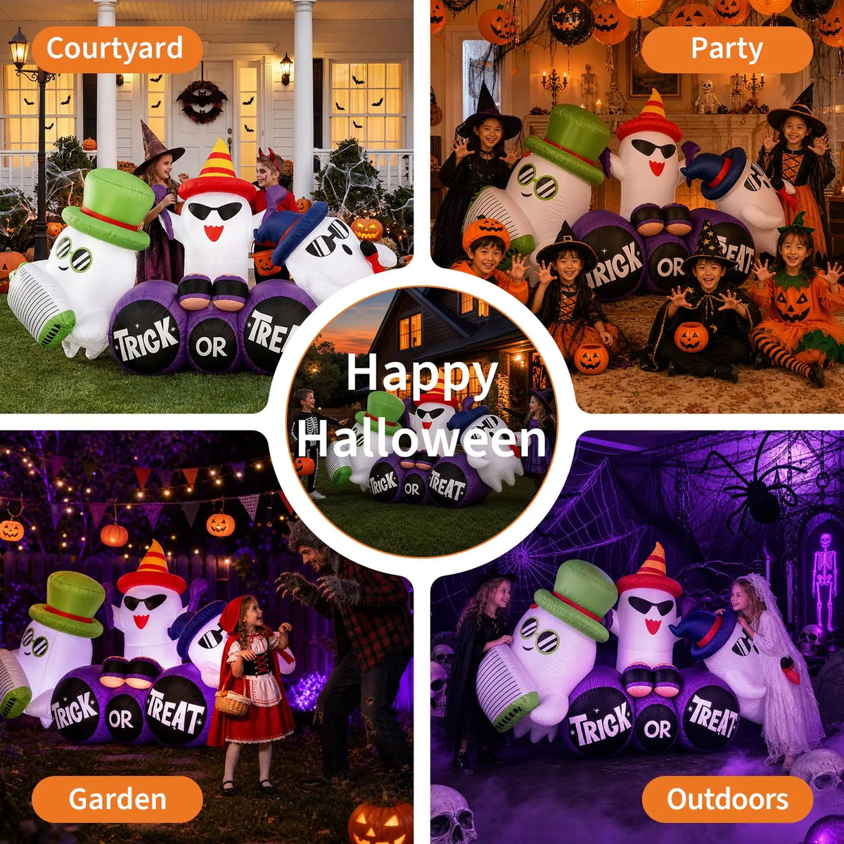 Inflatable Halloween Specter Trio with LED Lights 240cm Outdoor Yard Decor for Lawn Garden Porch Storefront Air Pump Trick or Treat Base Spooky Party Festival Display Equipment
