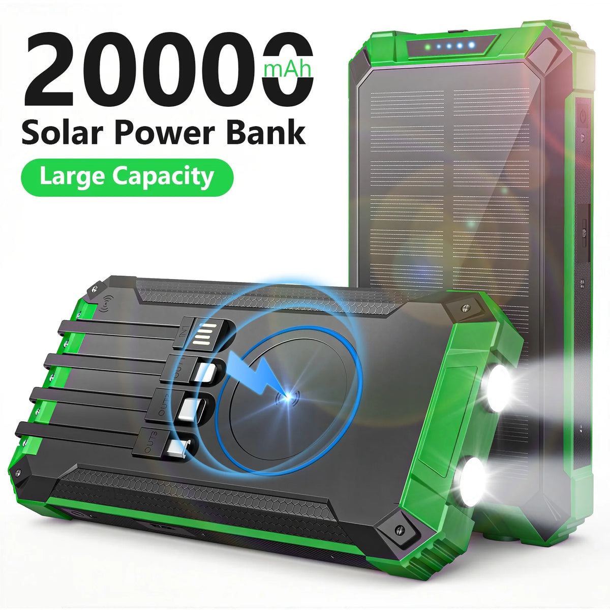 Portable Solar Power Bank With Dual LED Lights Built-In Cables