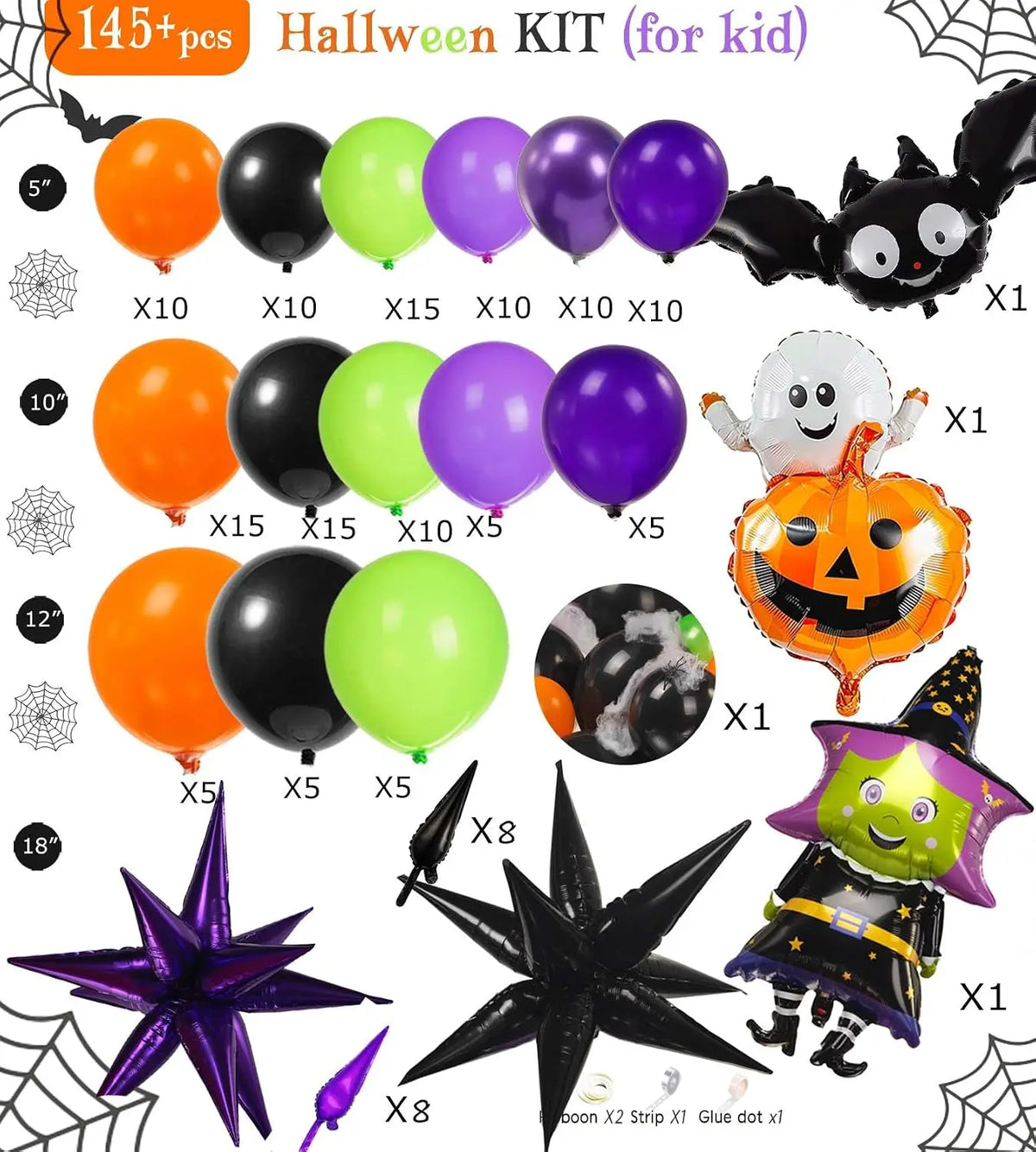 Halloween Balloon Garland Arch Kit 170pcs Orange and Black Purple green balloons with Spooky Spider Bat Pumpkin foil Balloons for fall Halloween Party Decorations