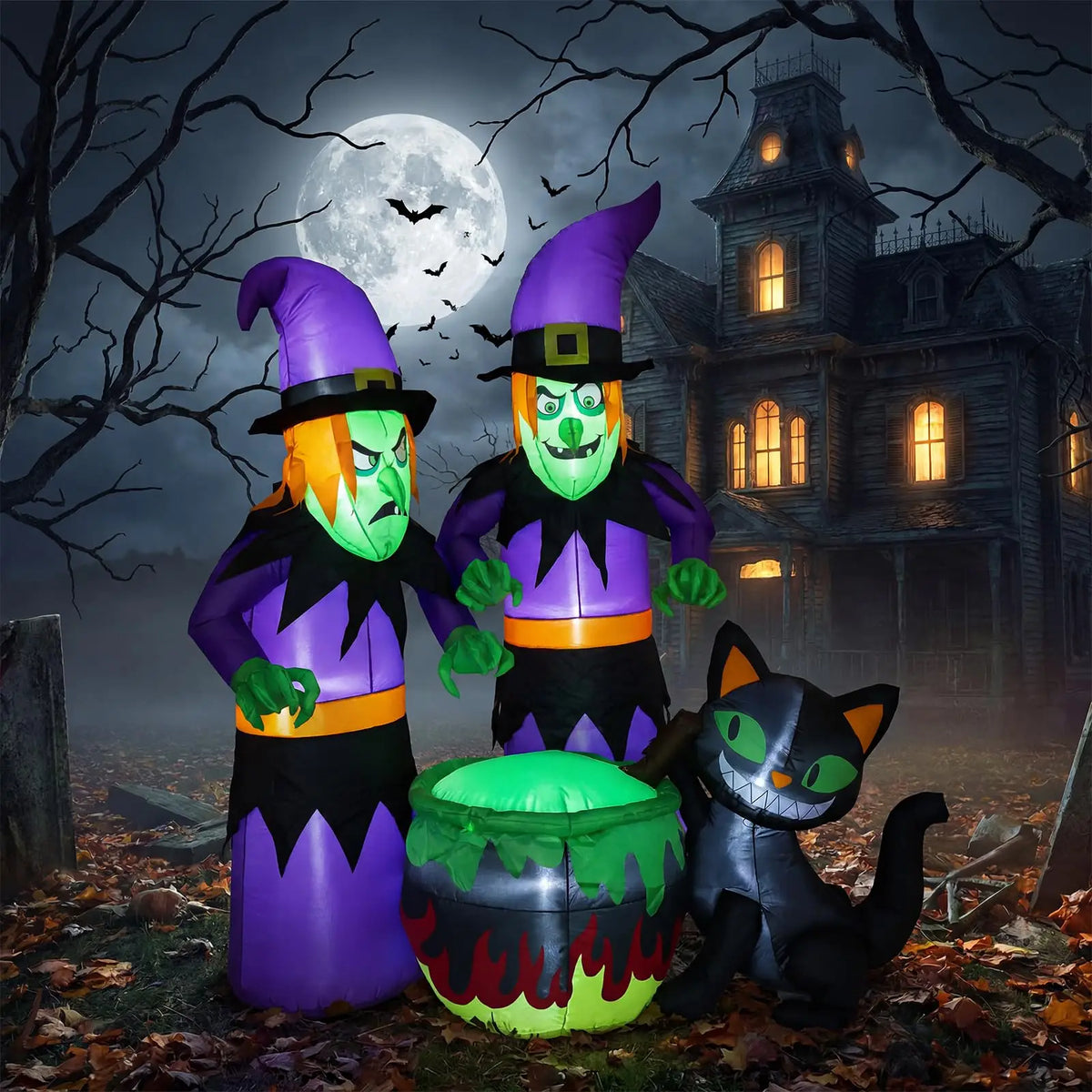 Halloween Inflatable Witch with Cauldron and Black Cat 180cm LED Lighted Waterproof Self Inflating Outdoor Yard Decoration for Garden Patio Lawn Spooky Festival Night Display