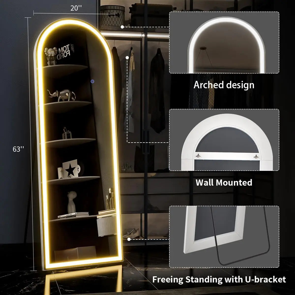 Koonmi Arched Full Length LED Mirror With Stand And Lights