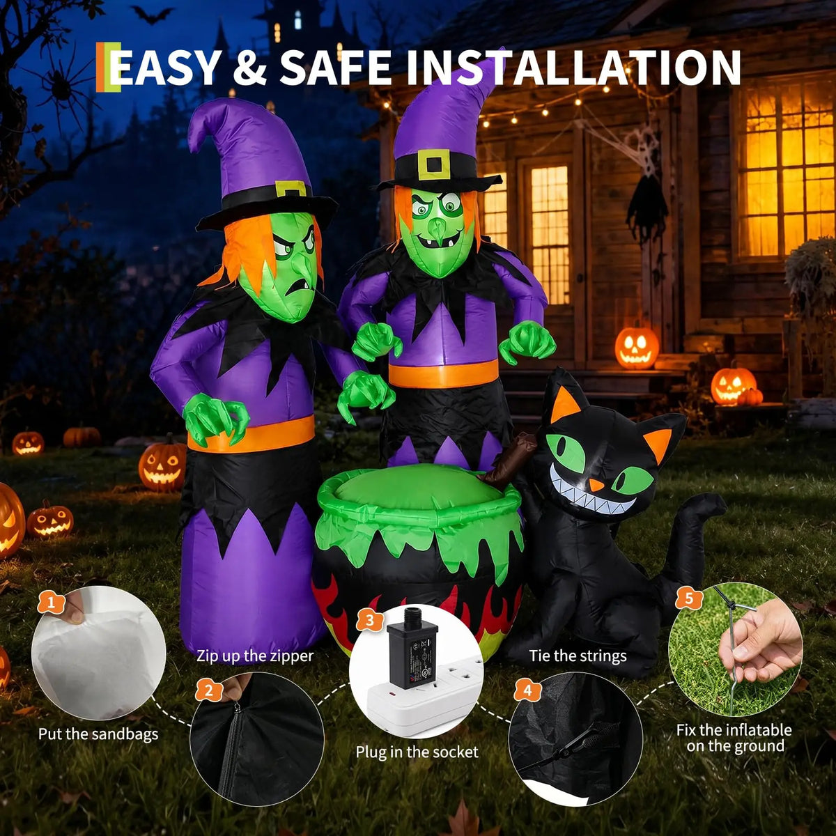 HiMISS Halloween Inflatable Witch Sisters Cauldron With LED Lights