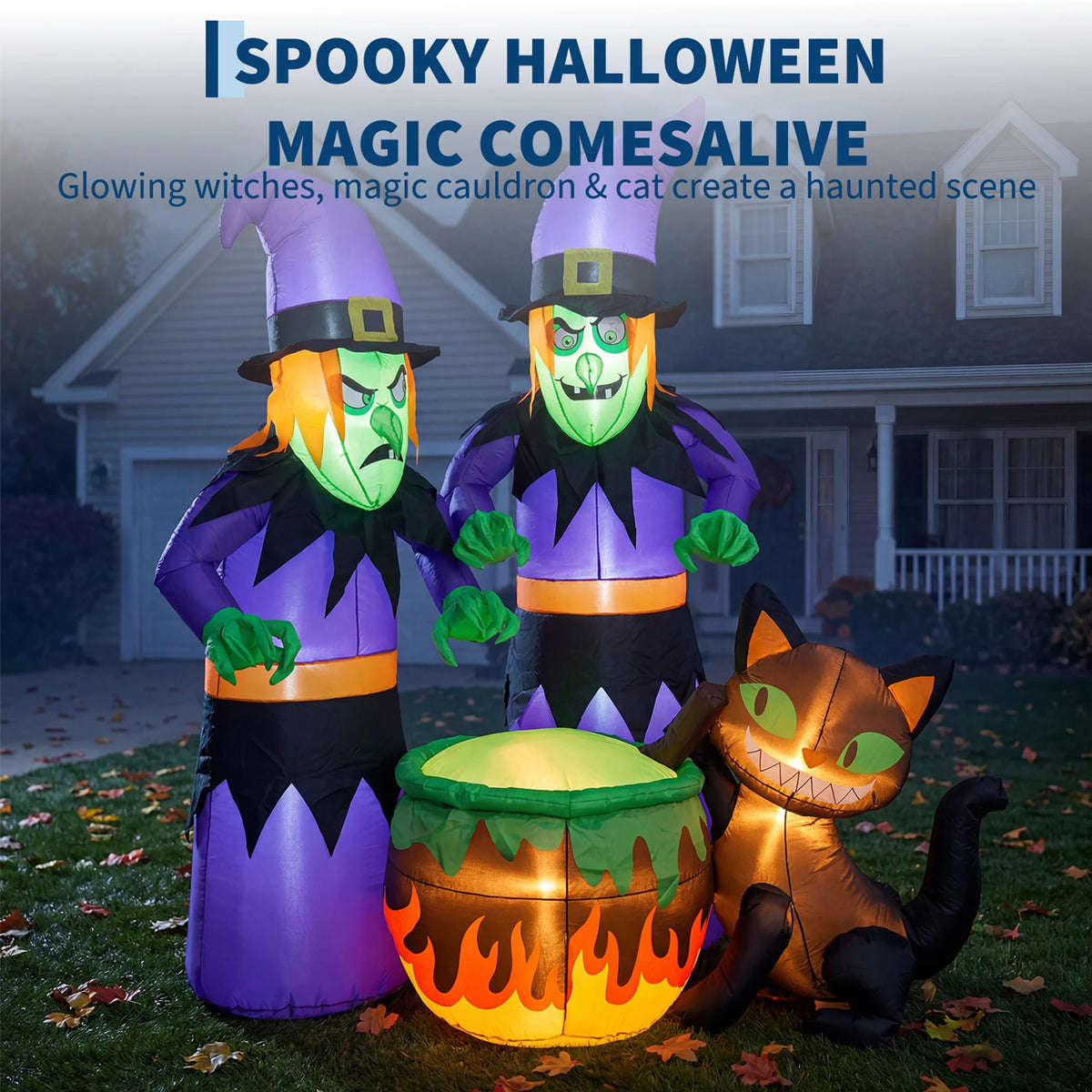 Halloween Inflatable Witch with Cauldron and Black Cat 180cm LED Lighted Waterproof Self Inflating Outdoor Yard Decoration for Garden Patio Lawn Spooky Festival Night Display