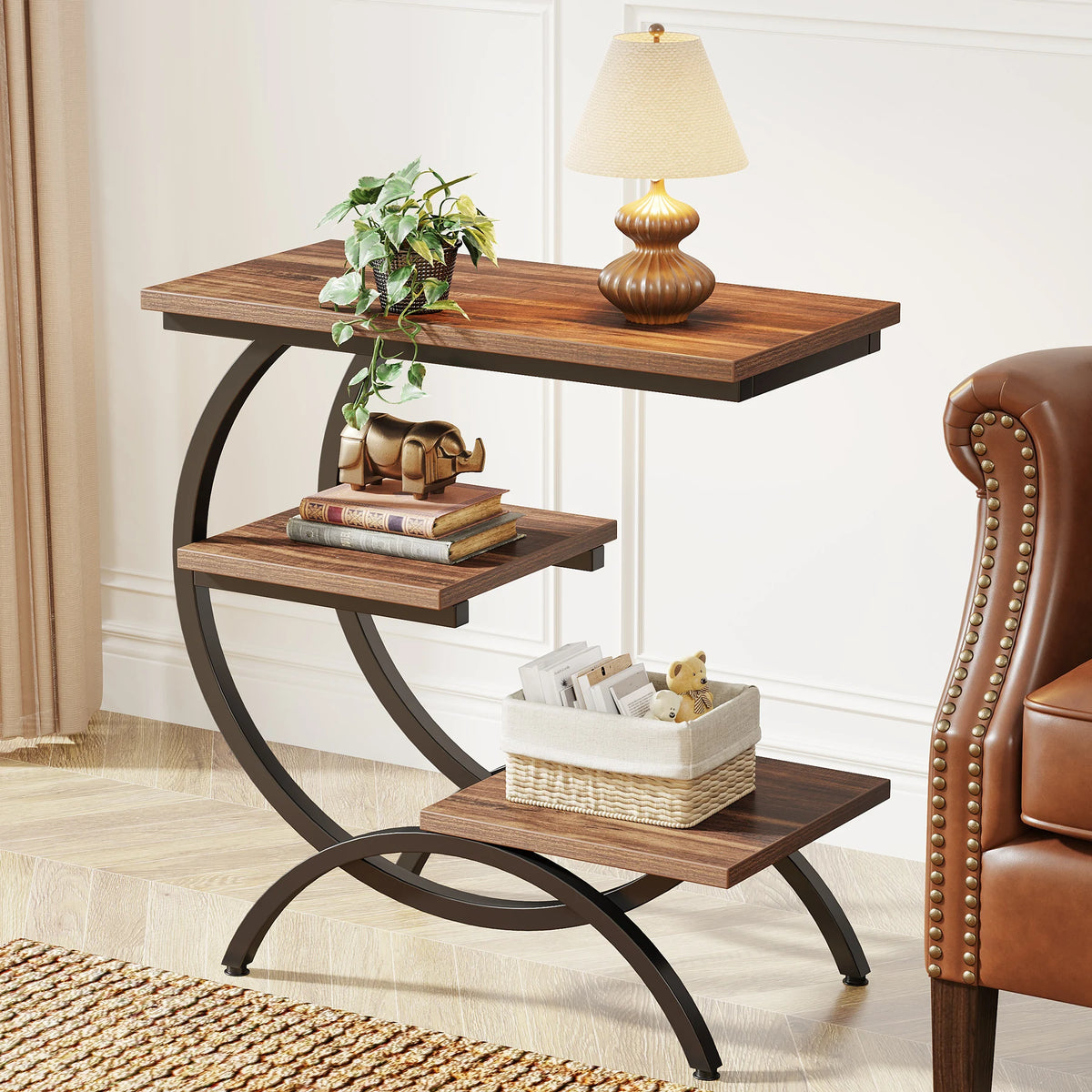 Tribesigns Industrial C Shaped End Table With Three Storage Shelves