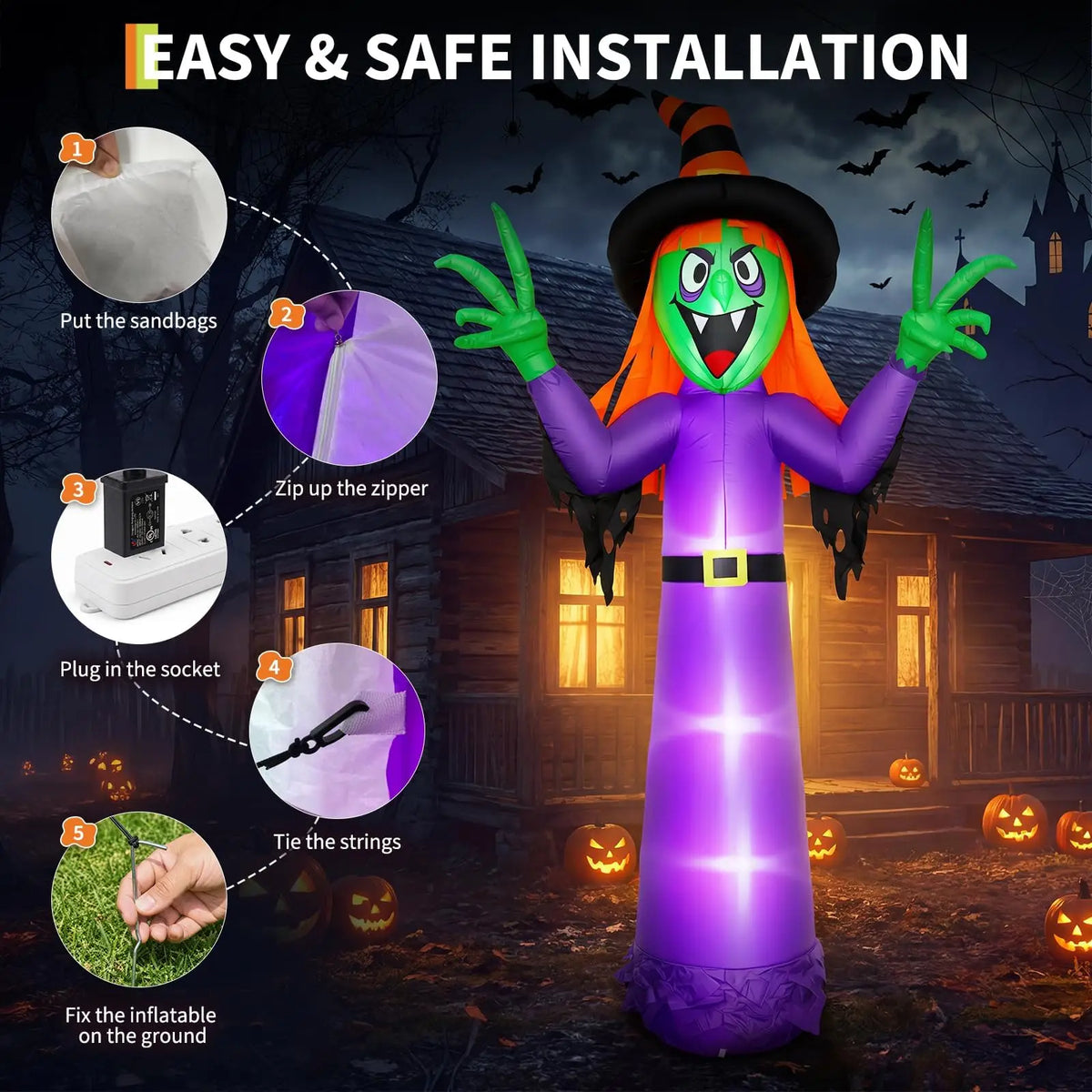 12FT Inflatable Halloween Witch, Large Spooky Witch Decoration with LED Lights, Taffeta Fabric, Outdoor Garden Yard Party Decoration for Halloween