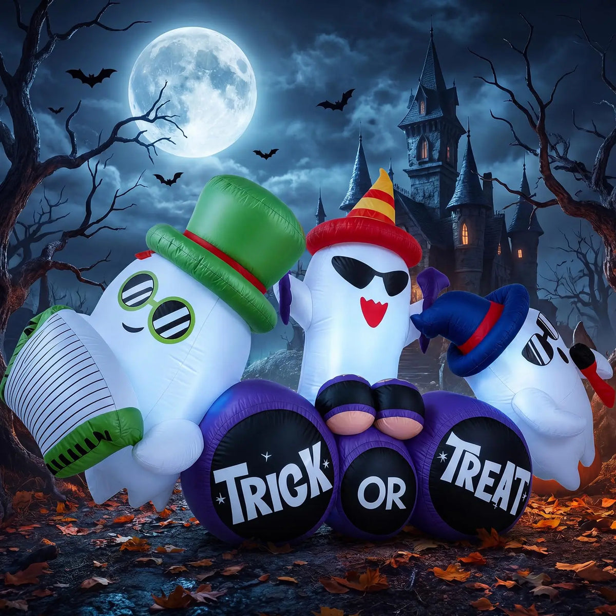 Inflatable Halloween Specter Trio with LED Lights 240cm Outdoor Yard Decor for Lawn Garden Porch Storefront Air Pump Trick or Treat Base Spooky Party Festival Display Equipment