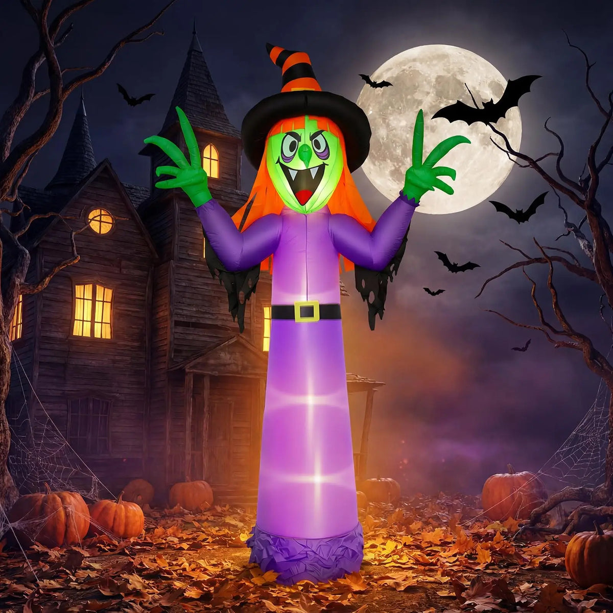 12FT Inflatable Halloween Witch, Large Spooky Witch Decoration with LED Lights, Taffeta Fabric, Outdoor Garden Yard Party Decoration for Halloween