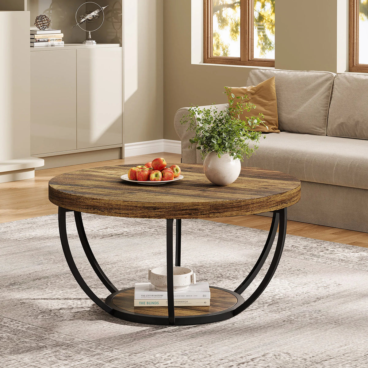 Tribesigns Round Industrial Coffee Table With Two Tier Storage Shelves