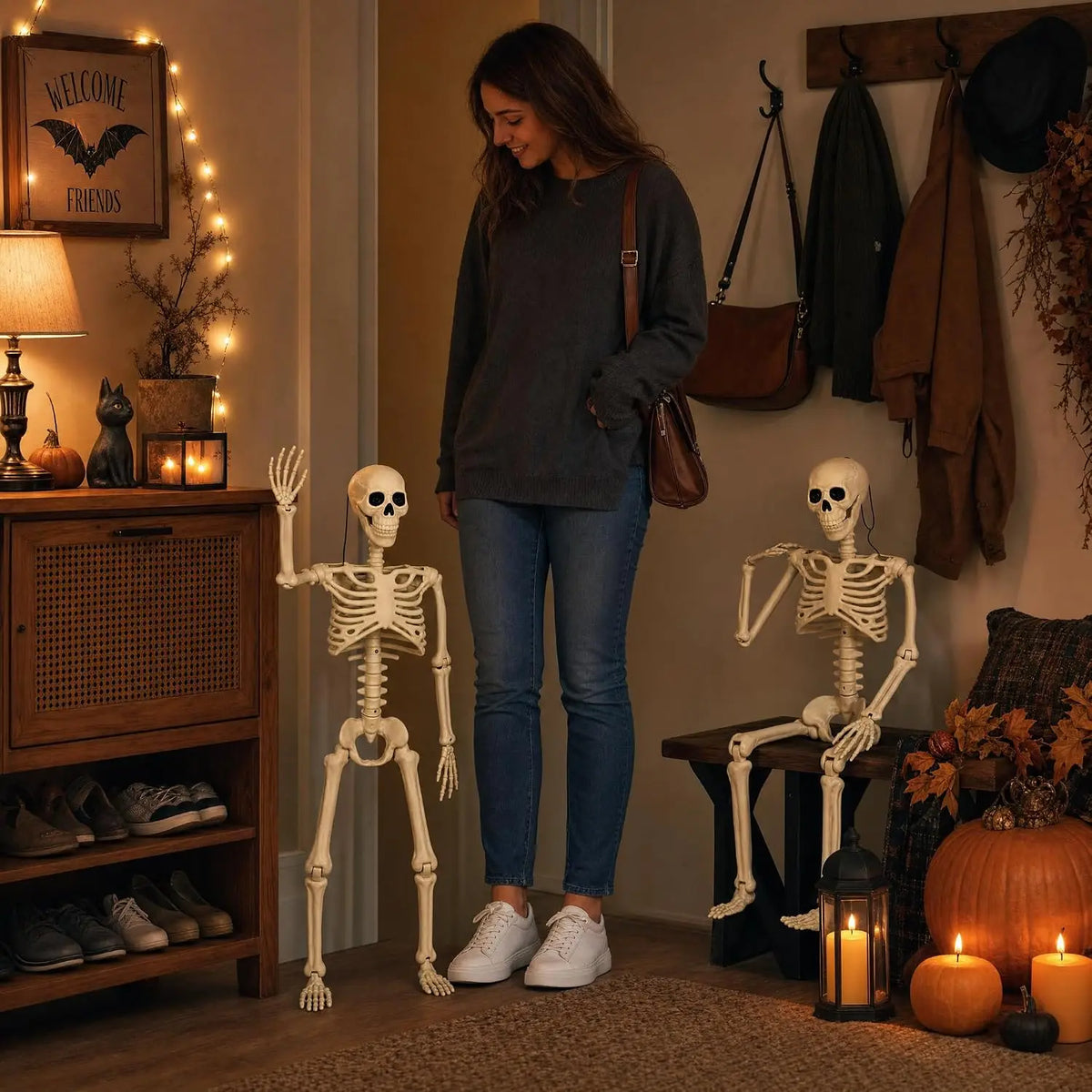 HBSTK 2Pack 36 Inches Pose-N-Stay Halloween Skeleton Life Size Full Body Posable Movable Jonints for Halloween Decoration Decor