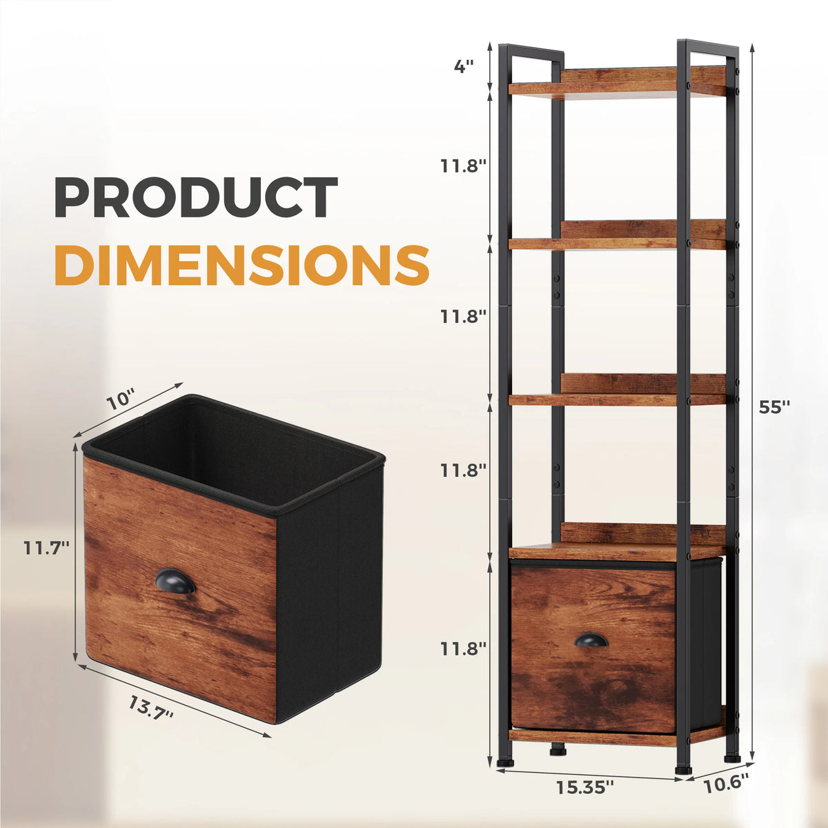 MCQ Metal Bookshelf With Fabric Drawer And Display Shelves