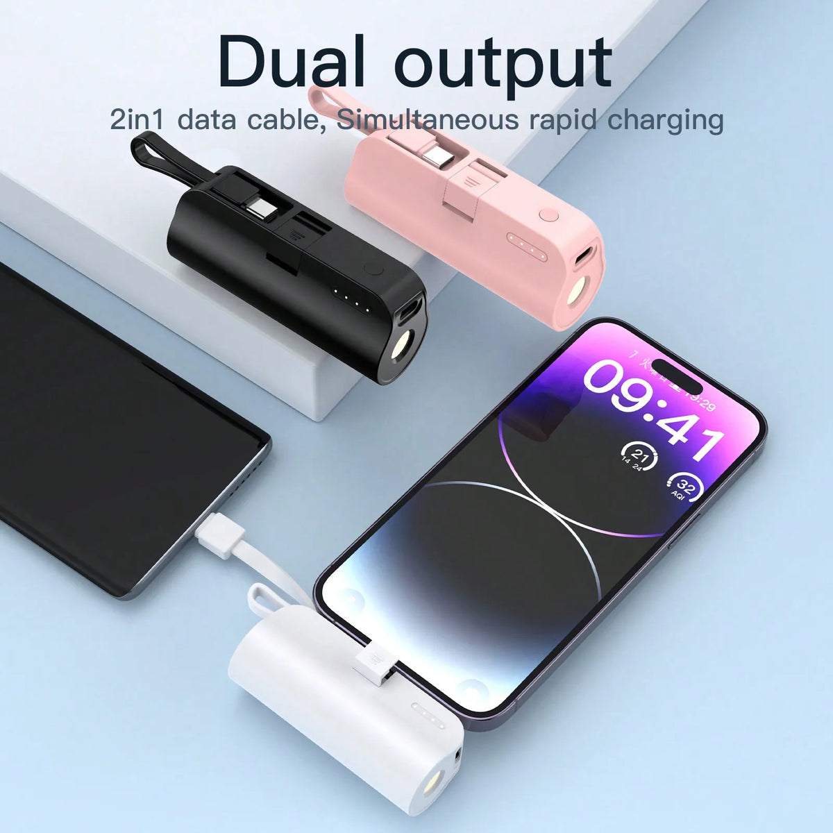 Portable USB C Phone Charger Power Bank With LED Light