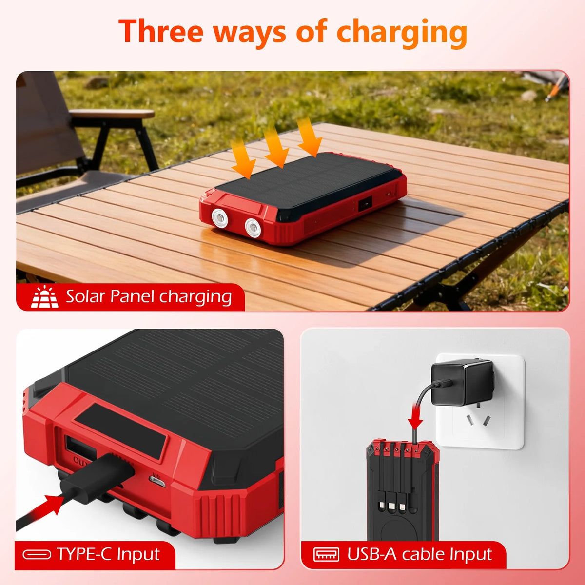 Portable Solar Power Bank With Dual LED Lights Built-In Cables