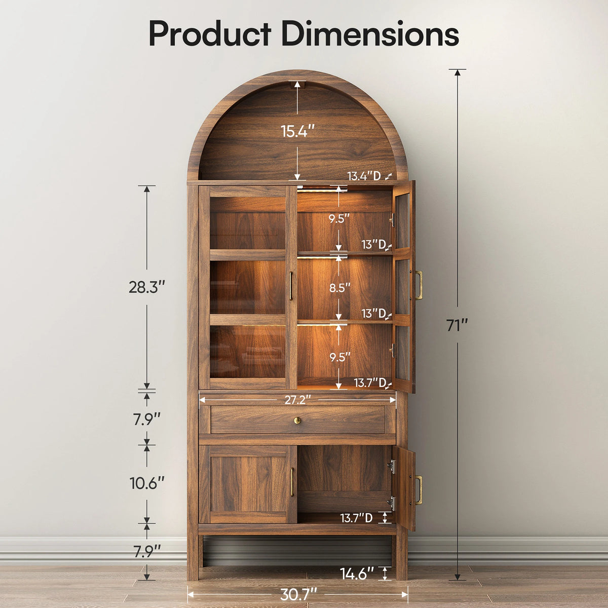 Cottinch Arched Wood Storage Cabinet With Adjustable Shelves LED Lights