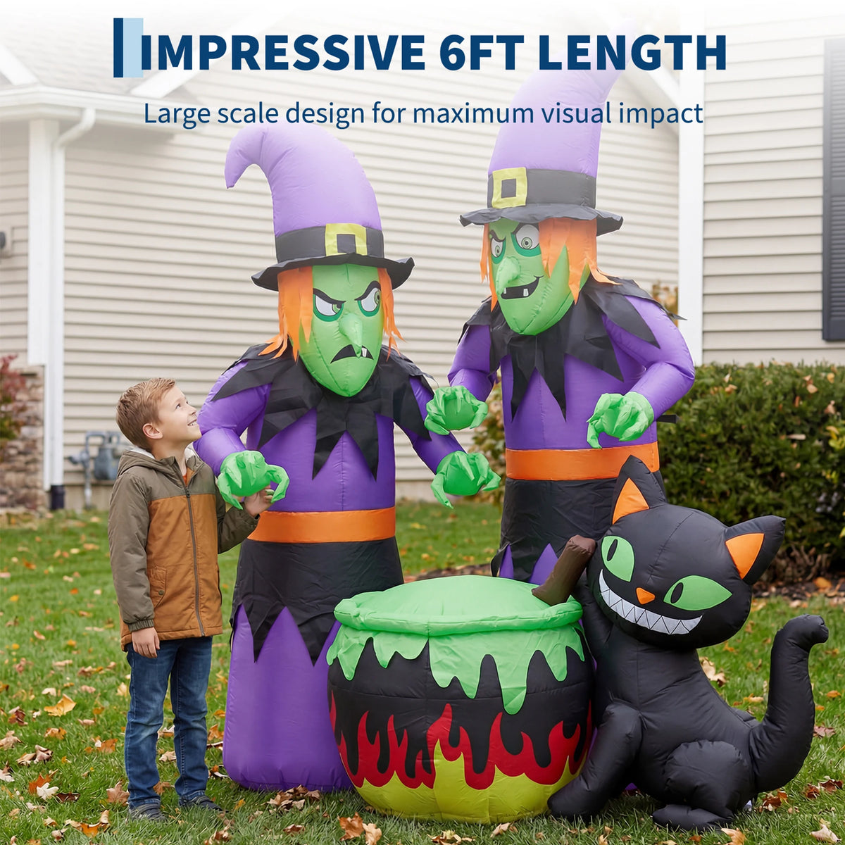 Halloween Inflatable Witch with Cauldron and Black Cat 180cm LED Lighted Waterproof Self Inflating Outdoor Yard Decoration for Garden Patio Lawn Spooky Festival Night Display