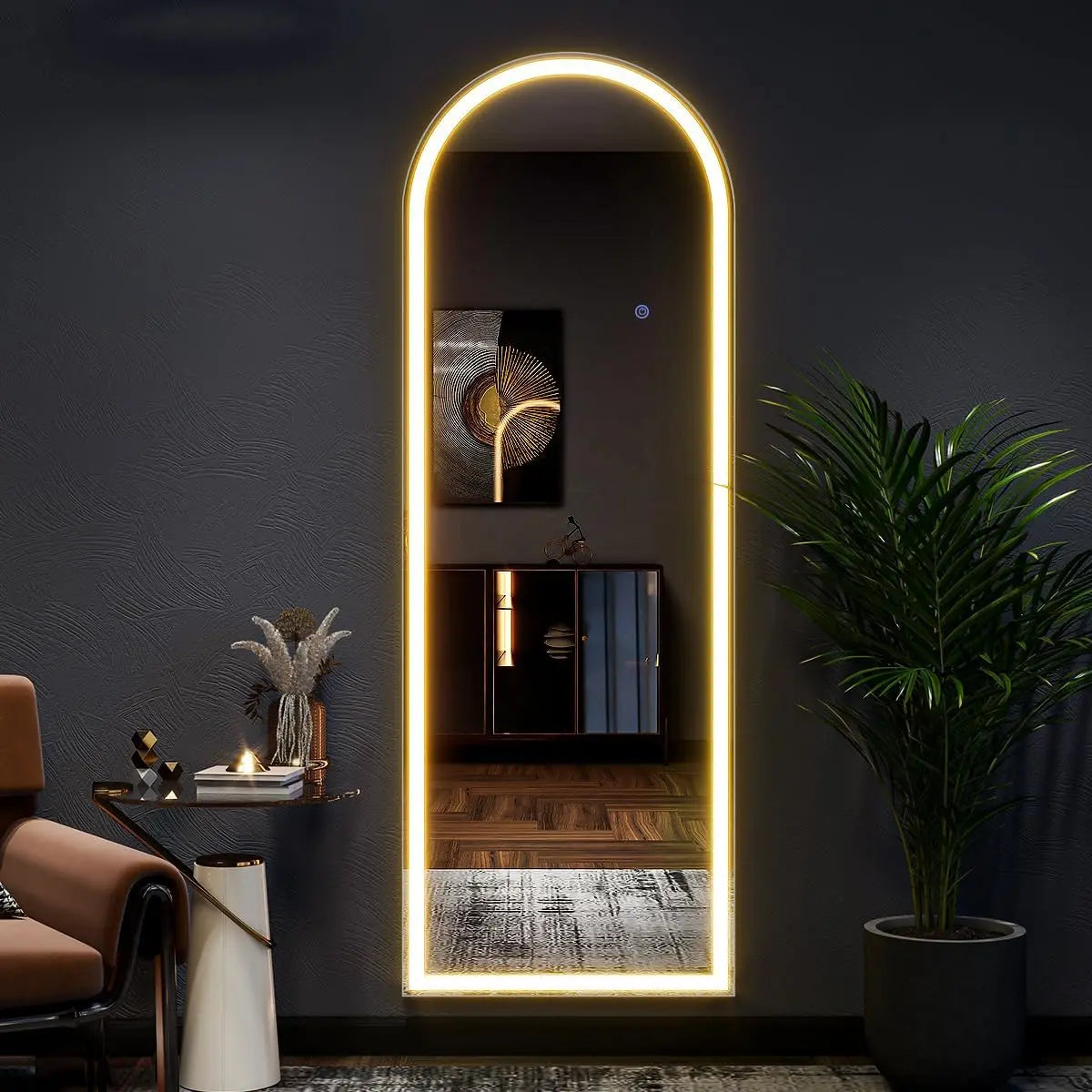 Koonmi Arched Full Length LED Mirror With Stand And Lights
