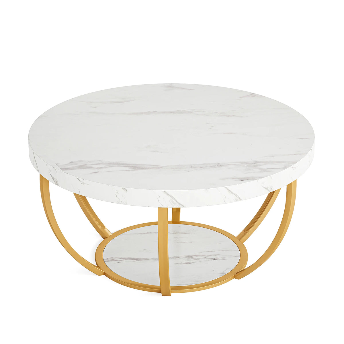 Tribesigns Round Industrial Coffee Table With Two Tier Storage Shelves