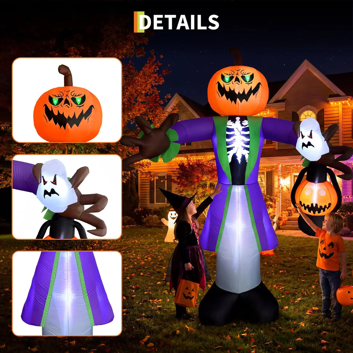 2.4M Lighted Inflatable Halloween Zombie Pumpkin with LED Lights Waterproof Outdoor Yard Decor for Garden Lawn Porch Built in Fan Stakes Spooky Party Holiday Display Supplies