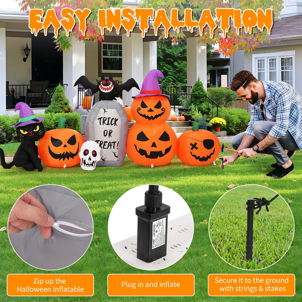 Halloween Inflatable Pumpkin Black Cat With LED Lights Yard Decor