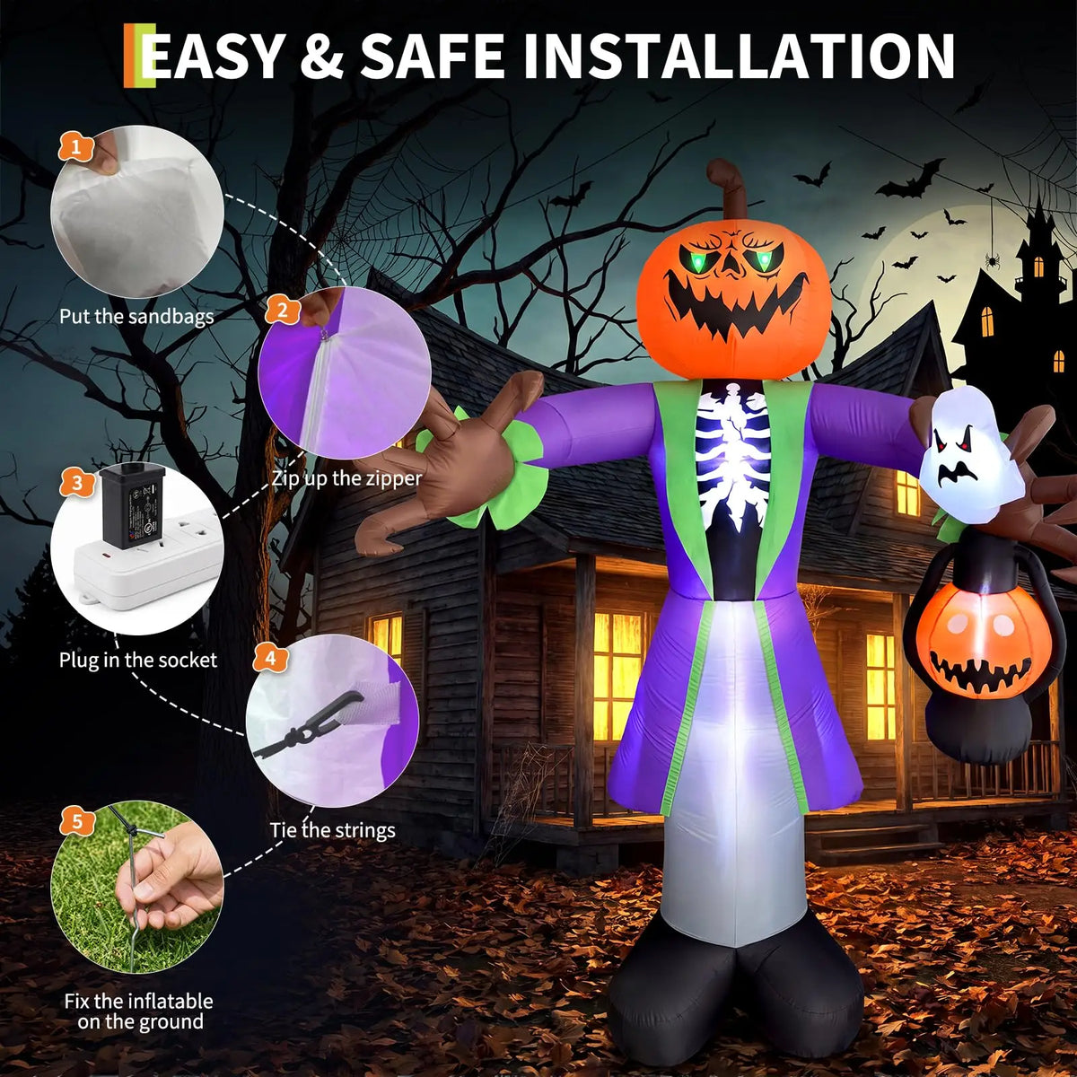 2.4M Lighted Inflatable Halloween Zombie Pumpkin with LED Lights Waterproof Outdoor Yard Decor for Garden Lawn Porch Built in Fan Stakes Spooky Party Holiday Display Supplies