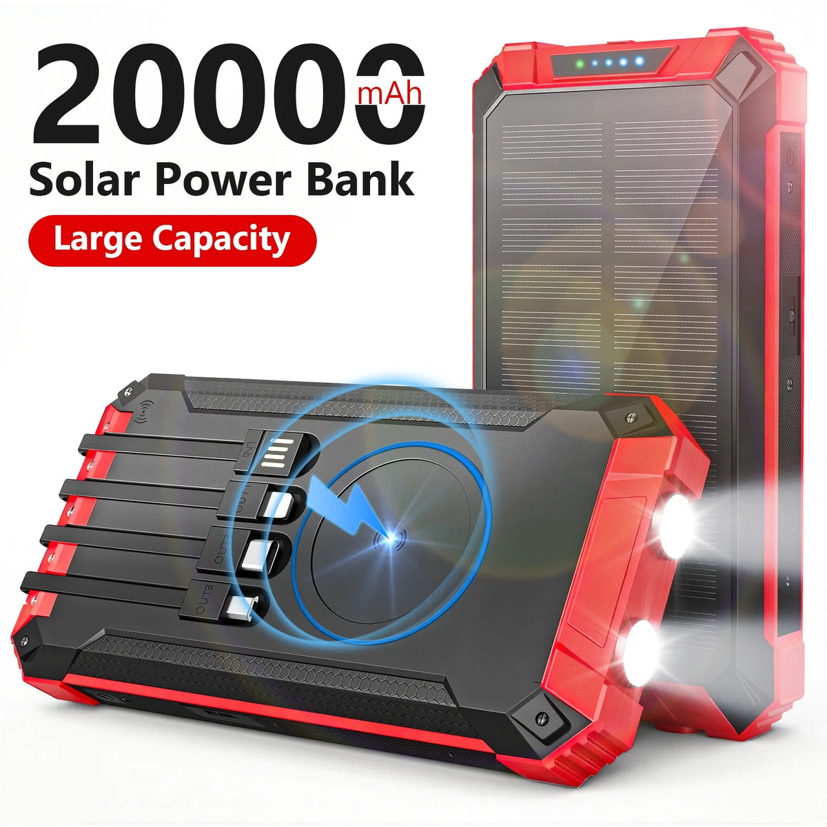 Portable Solar Power Bank With Dual LED Lights Built-In Cables