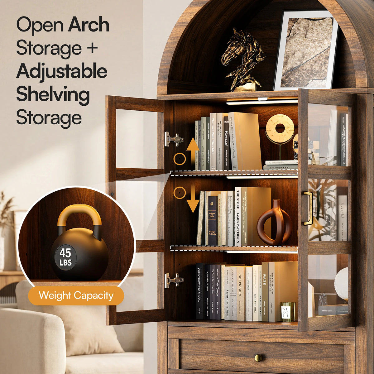 Cottinch Arched Wood Storage Cabinet With Adjustable Shelves LED Lights