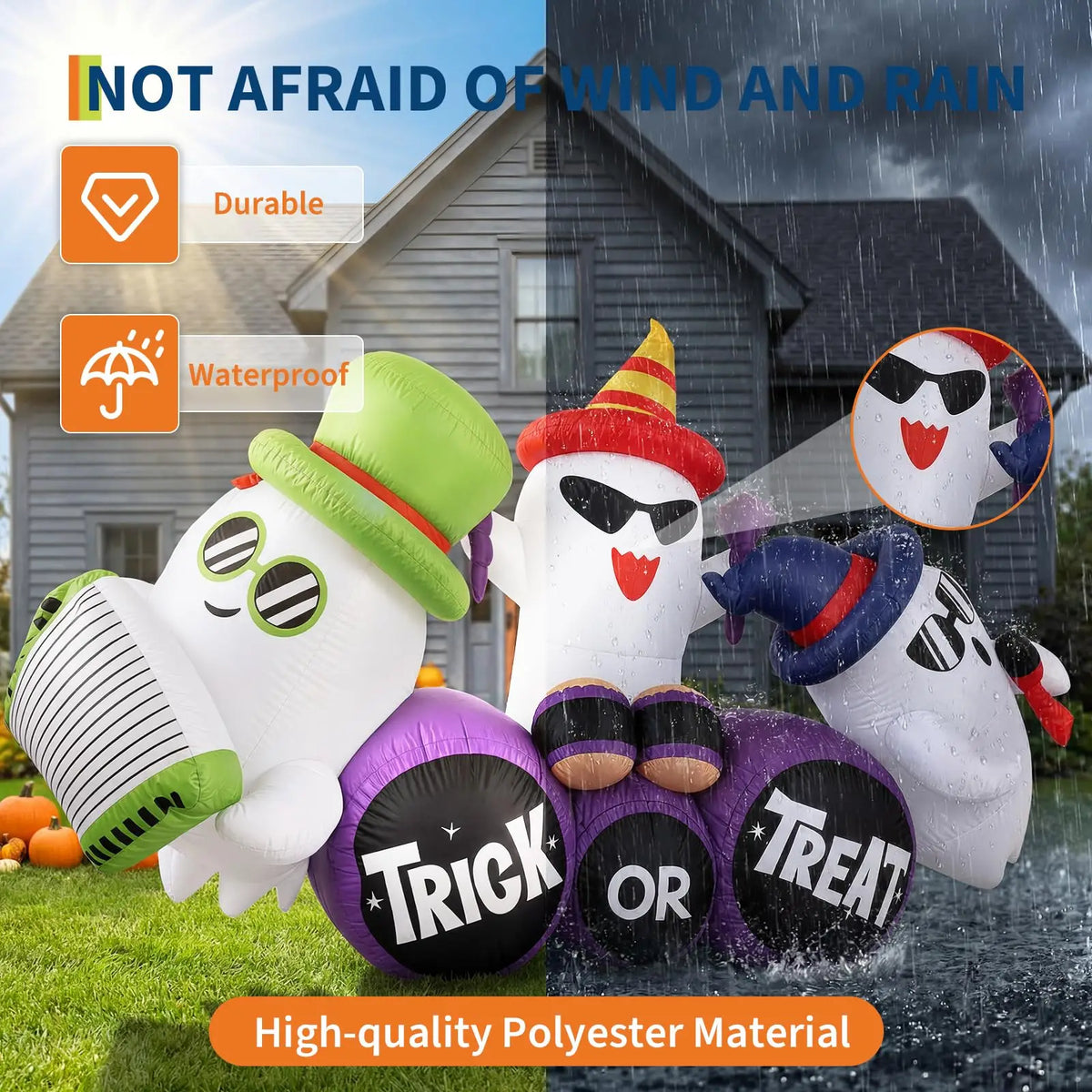 Inflatable Halloween Specter Trio with LED Lights 240cm Outdoor Yard Decor for Lawn Garden Porch Storefront Air Pump Trick or Treat Base Spooky Party Festival Display Equipment
