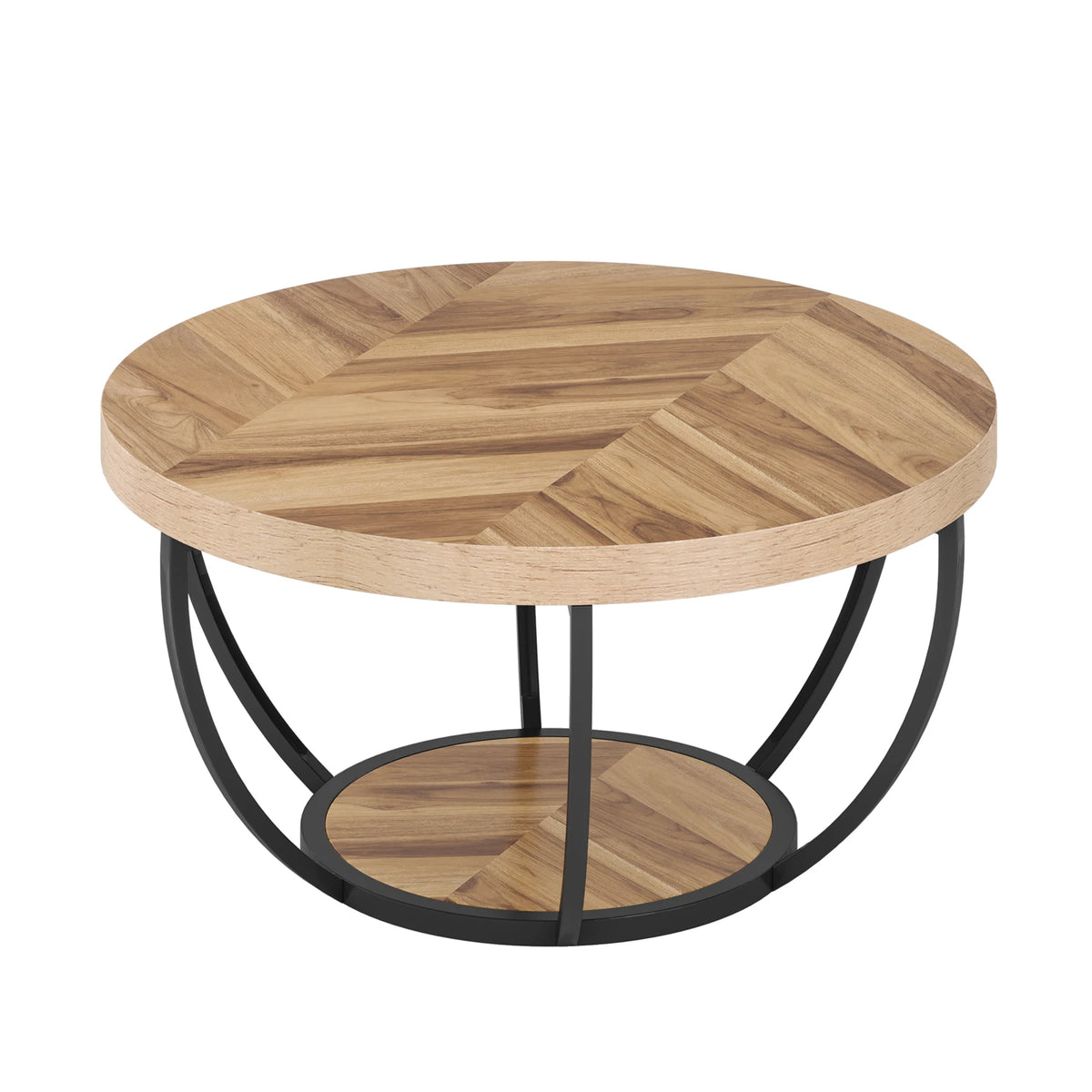 Tribesigns Round Industrial Coffee Table With Two Tier Storage Shelves