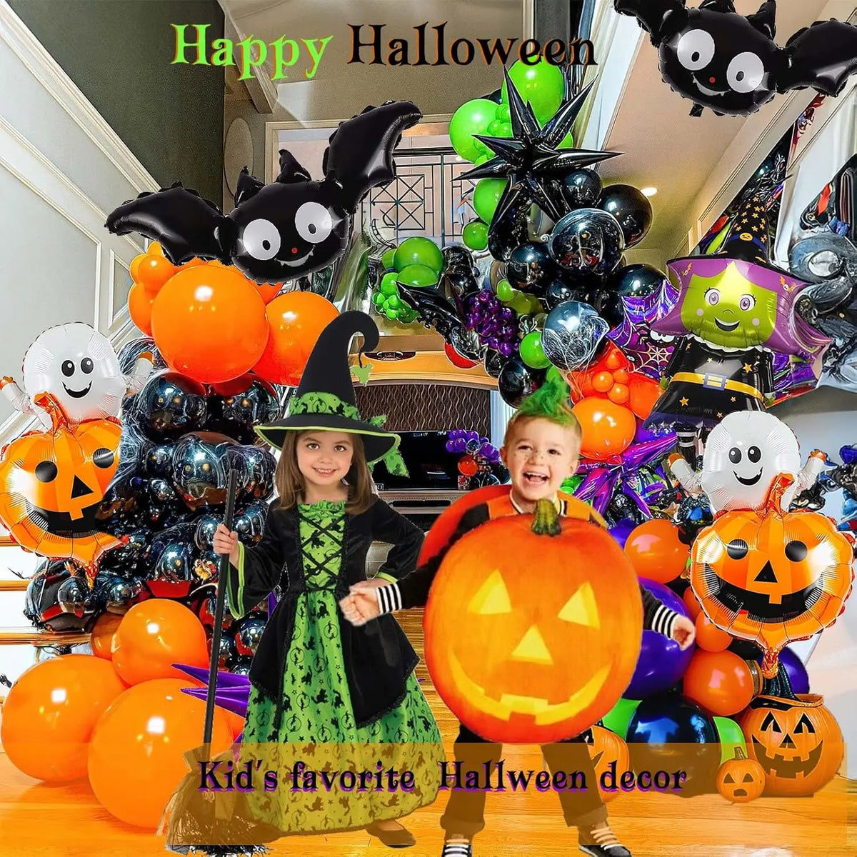 Halloween Balloon Garland Arch Kit 170pcs Orange and Black Purple green balloons with Spooky Spider Bat Pumpkin foil Balloons for fall Halloween Party Decorations