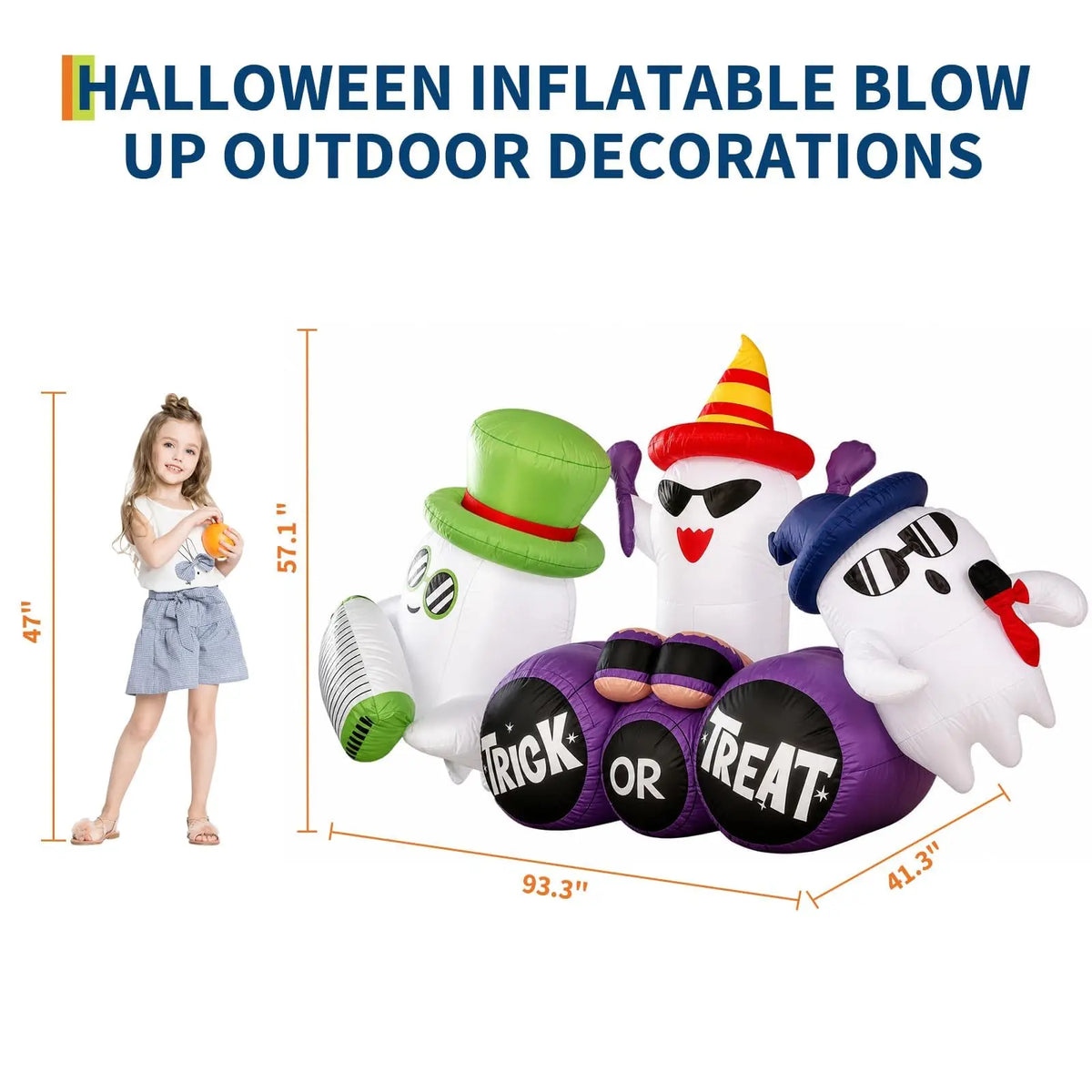 Inflatable Halloween Specter Trio with LED Lights 240cm Outdoor Yard Decor for Lawn Garden Porch Storefront Air Pump Trick or Treat Base Spooky Party Festival Display Equipment