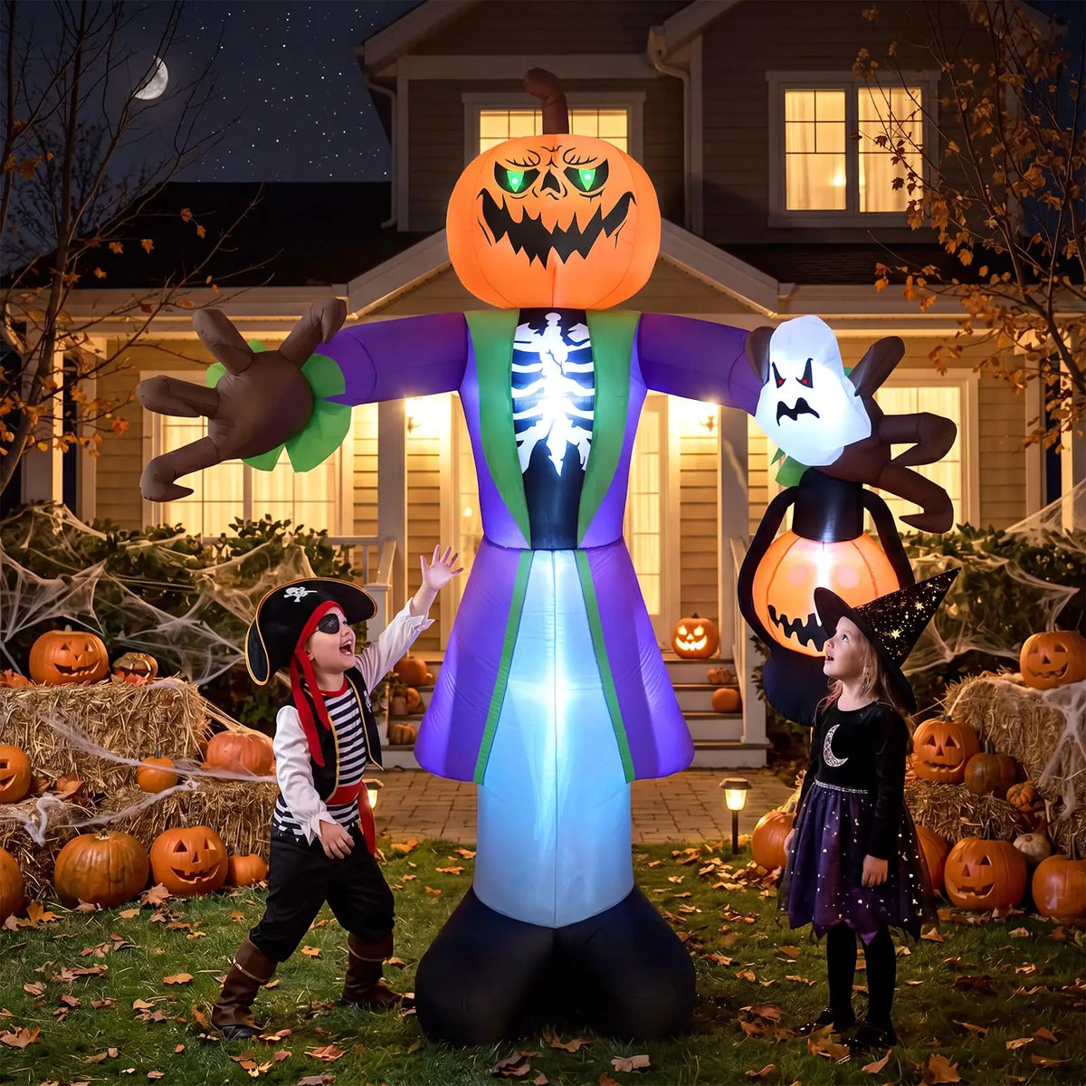 2.4M Lighted Inflatable Halloween Zombie Pumpkin with LED Lights Waterproof Outdoor Yard Decor for Garden Lawn Porch Built in Fan Stakes Spooky Party Holiday Display Supplies