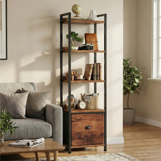 MCQ Metal Bookshelf With Fabric Drawer And Display Shelves