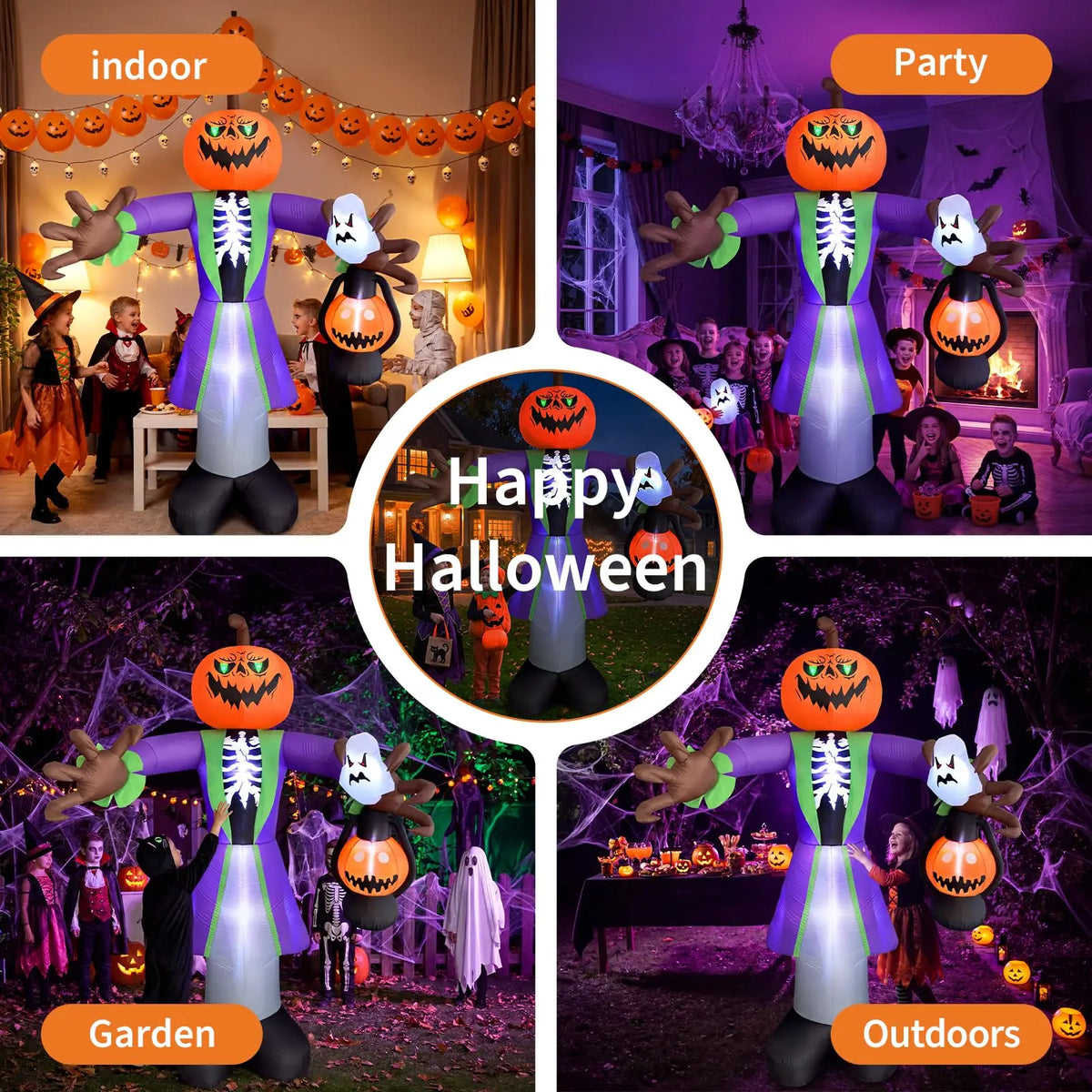 2.4M Lighted Inflatable Halloween Zombie Pumpkin with LED Lights Waterproof Outdoor Yard Decor for Garden Lawn Porch Built in Fan Stakes Spooky Party Holiday Display Supplies