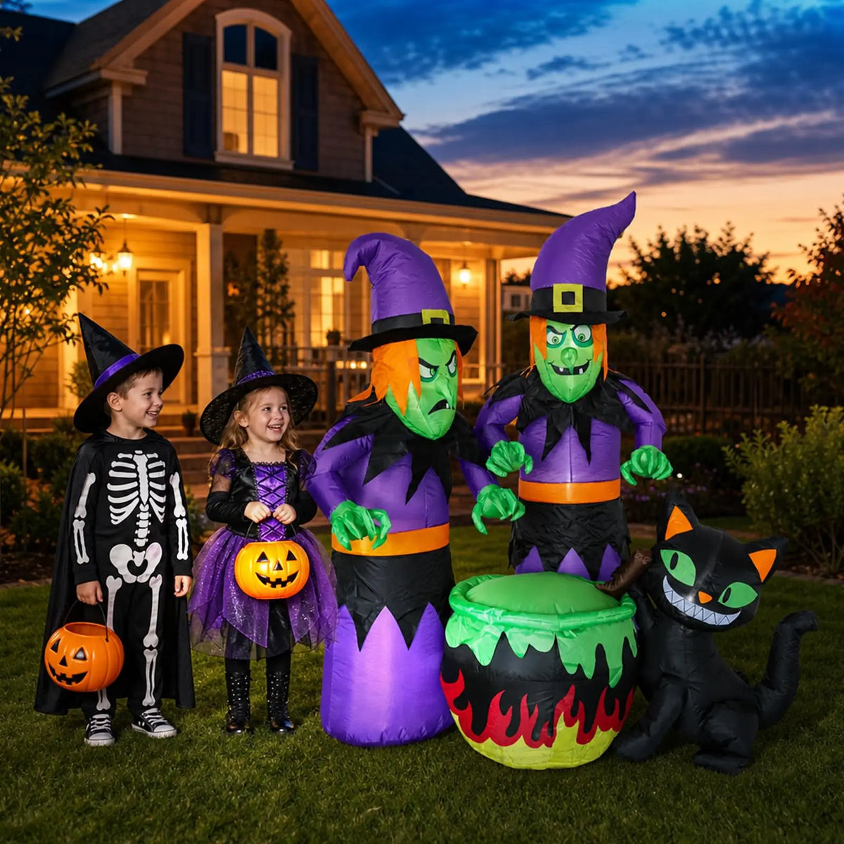 HiMISS Halloween Inflatable Witch Sisters Cauldron With LED Lights
