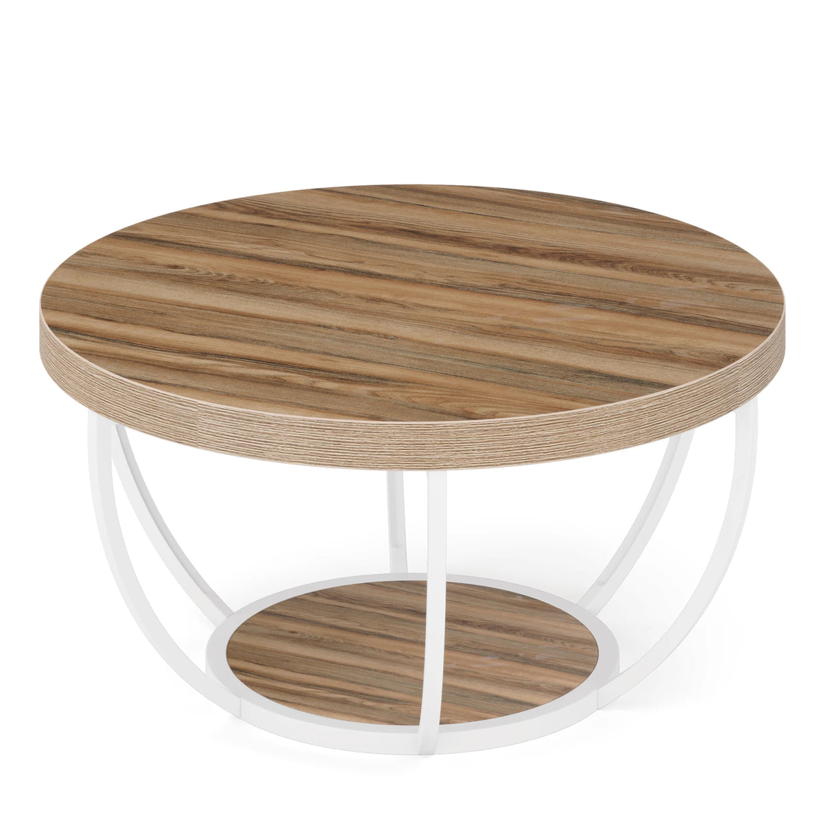 Tribesigns Round Industrial Coffee Table With Two Tier Storage Shelves